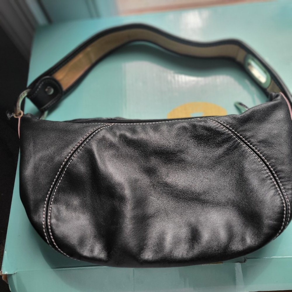 The Sak Small Black Leather Hobo Handbag with pink stitching
